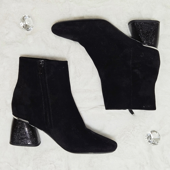 Dkny Shoes - DKNY Ankle Boots Booties 9.5 Black Suede Silver Accent Caleena Heeled Boots NIB